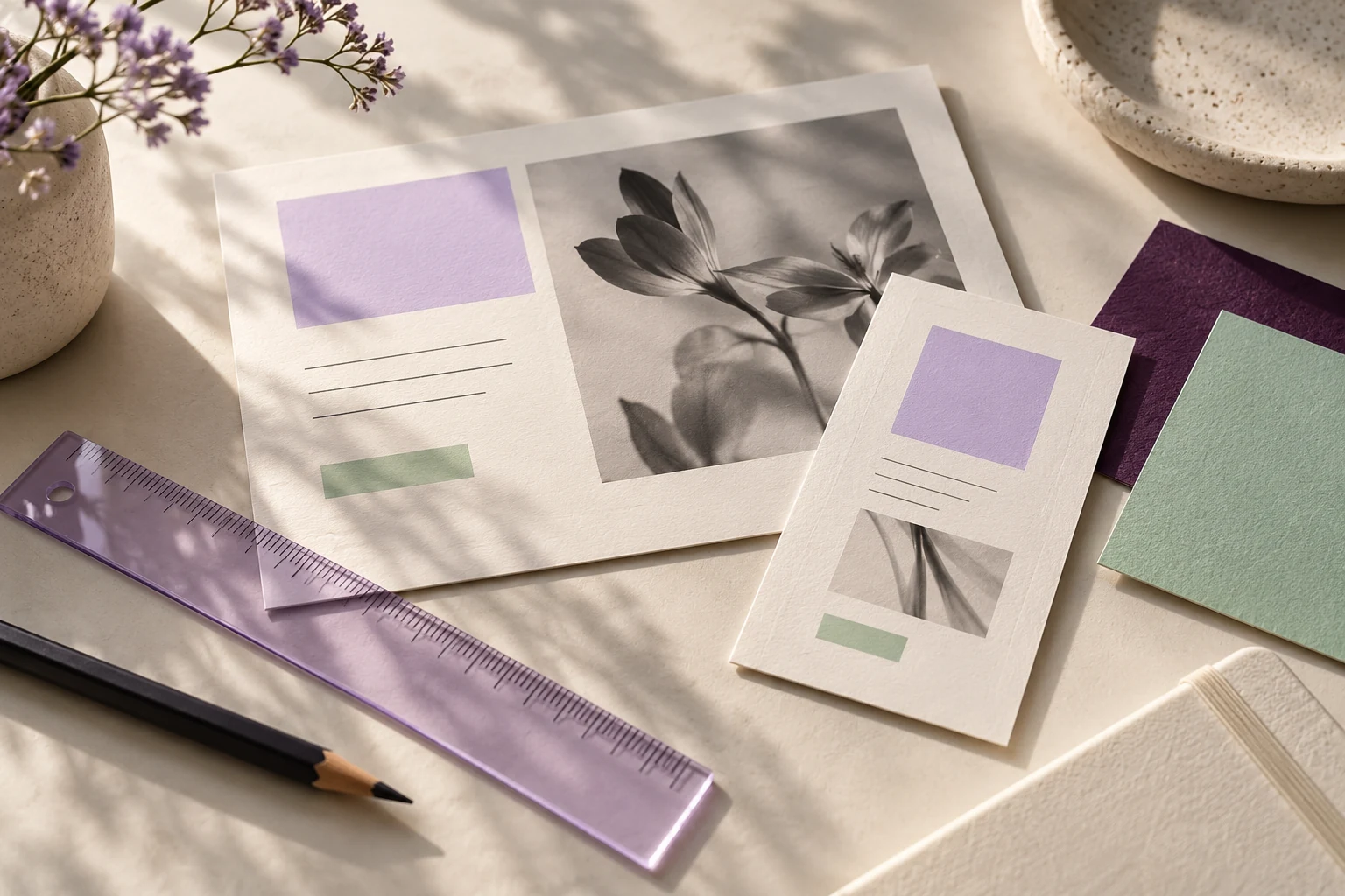 An original concept of paper website layouts, lavender tools and mint colour swatches